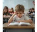 A young boy is sitting at a desk with his head on his hand.