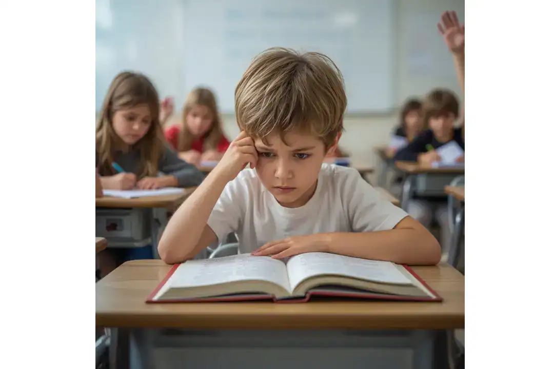 A young boy is sitting at a desk with his head on his hand.